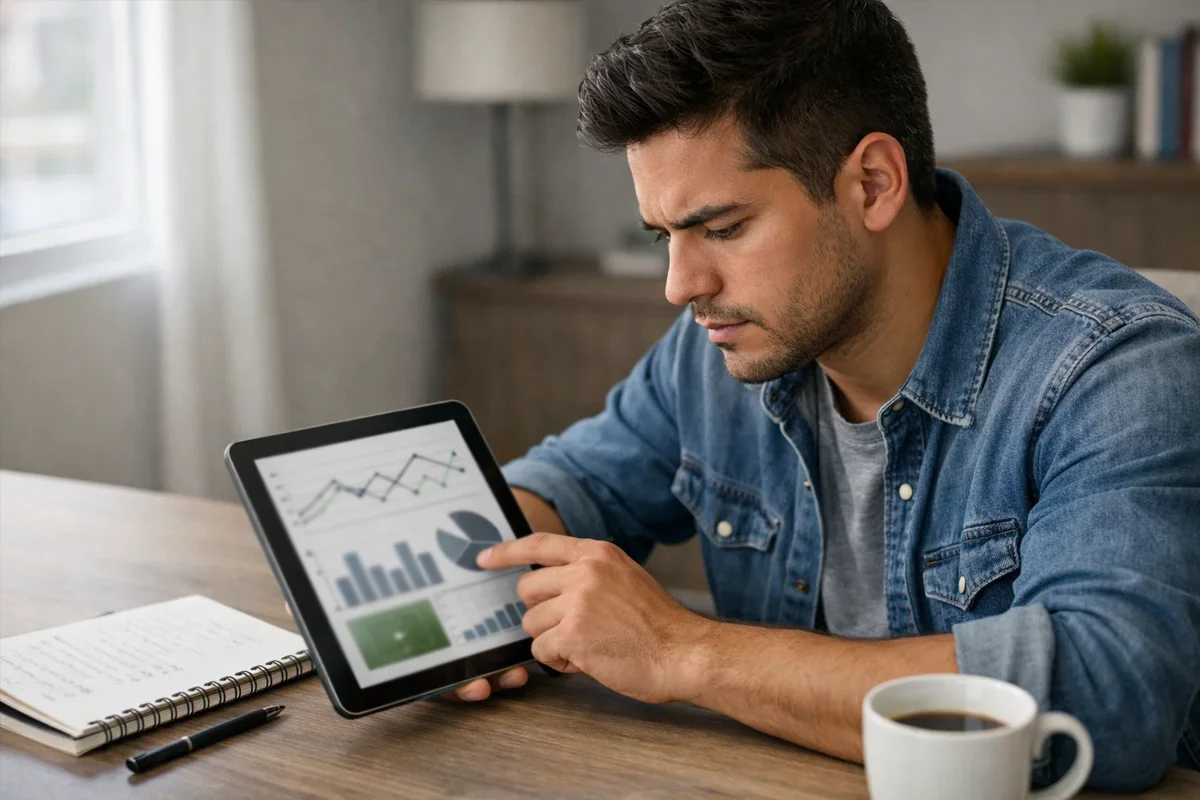 Persona analizando estadísticas de fútbol en una tablet con gráficos de rendimiento deportivo