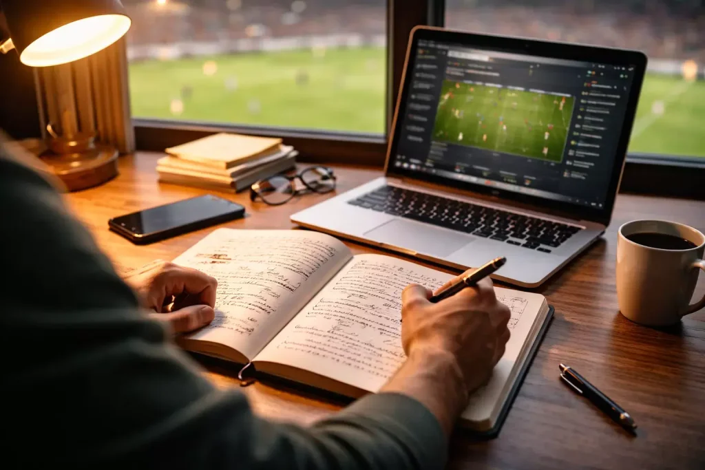 Persona analizando estadísticas de fútbol con notas y un portátil en un escritorio junto a un campo de fútbol