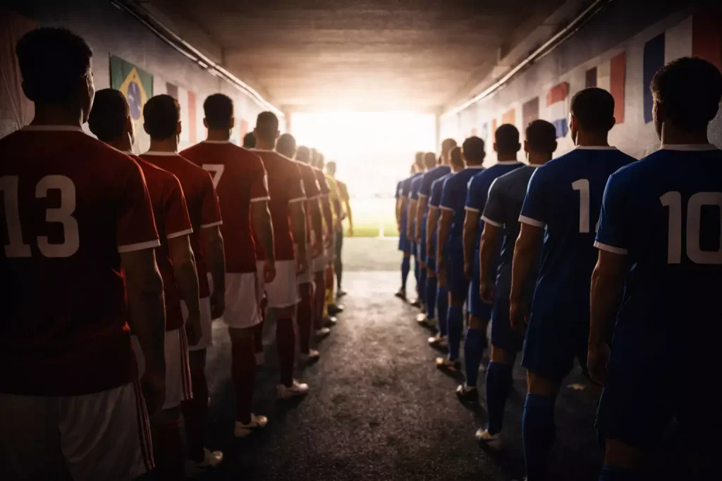 Selecciones de fútbol formadas en el túnel de vestuarios antes de salir al campo en un torneo internacional