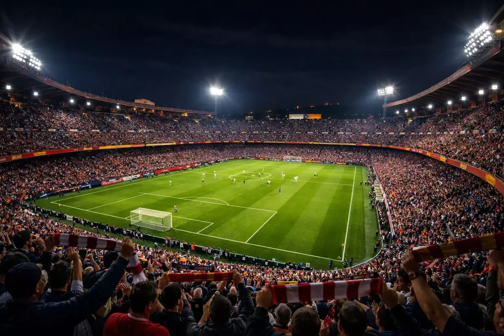 Estadio de fútbol español lleno de aficionados con el campo iluminado durante un partido nocturno de La Liga