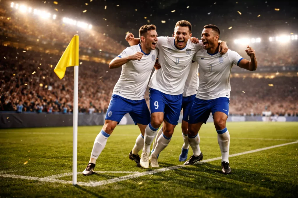 Celebración de un gol en un partido de fútbol nocturno con jugadores y público al fondo