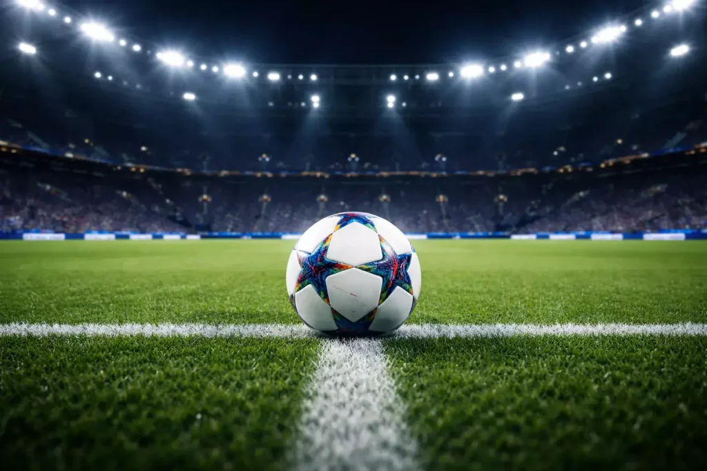 Balón de fútbol en el centro del campo de un gran estadio europeo iluminado para una noche de Champions League