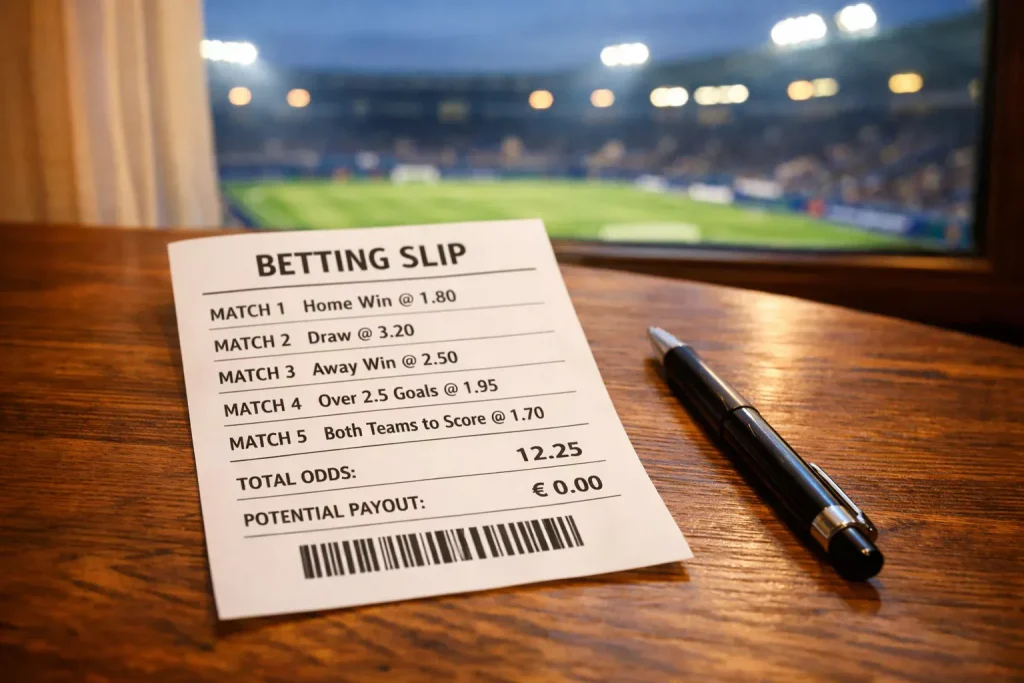Boleto de apuestas deportivas sobre una mesa junto a un campo de fútbol iluminado
