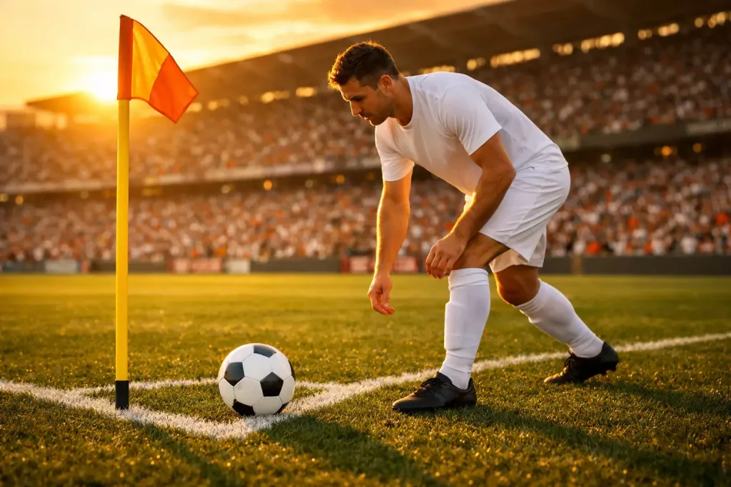 Jugador de fútbol ejecutando un saque de esquina en un estadio lleno de espectadores al atardecer