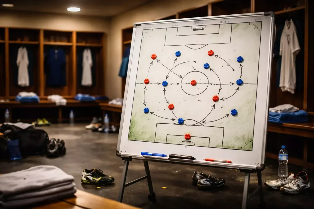 Vestuario de un equipo de fútbol con pizarra táctica durante el descanso de un partido