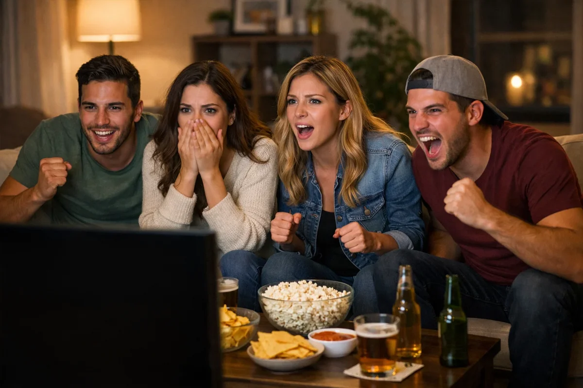 Grupo de aficionados viendo un partido de fútbol en televisión con expresiones de emoción