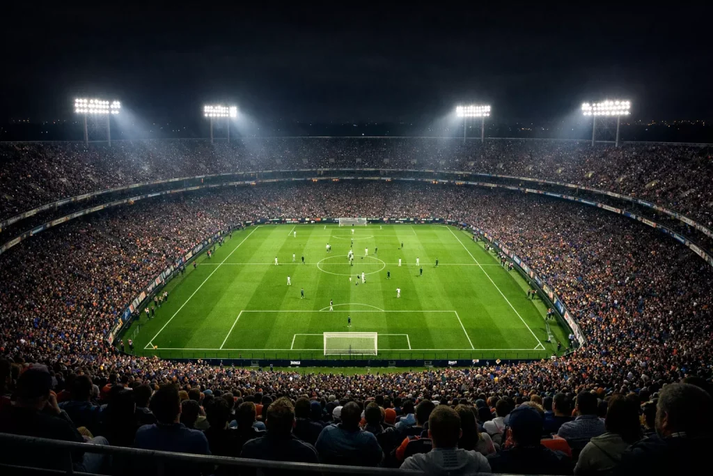 Estadio de fútbol lleno de aficionados durante un partido nocturno en directo