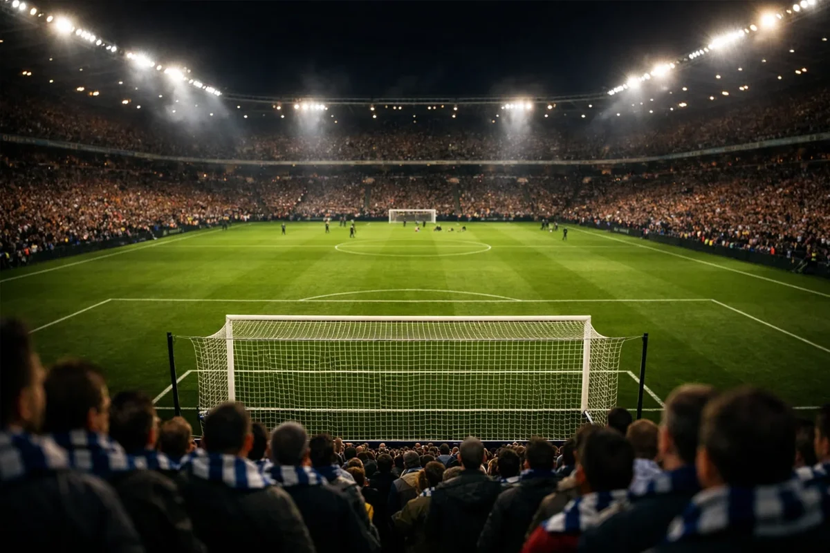 Estadio de fútbol profesional iluminado durante un partido nocturno con aficionados en las gradas