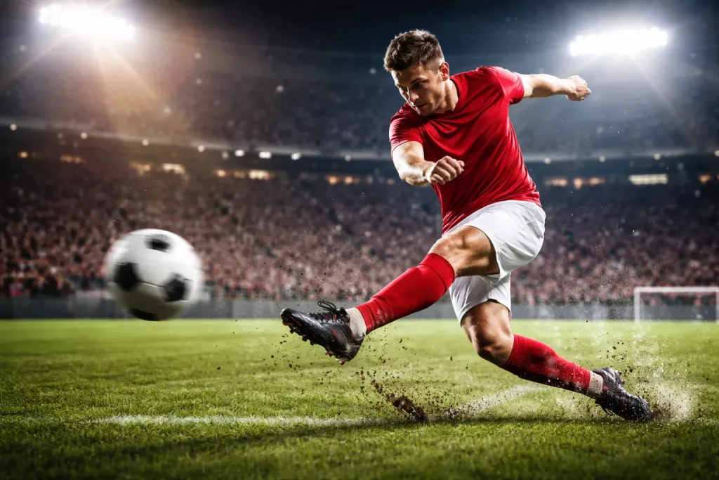 Delantero de fútbol disparando a portería en un estadio lleno de noche