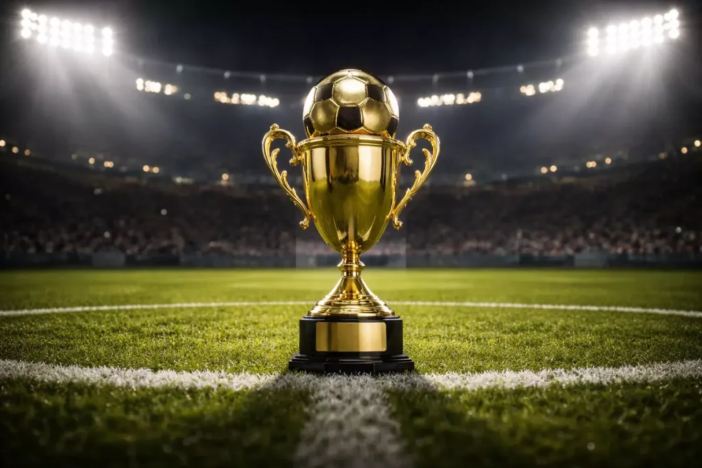 Trofeo de campeón de liga sobre el césped de un estadio de fútbol iluminado por focos nocturnos