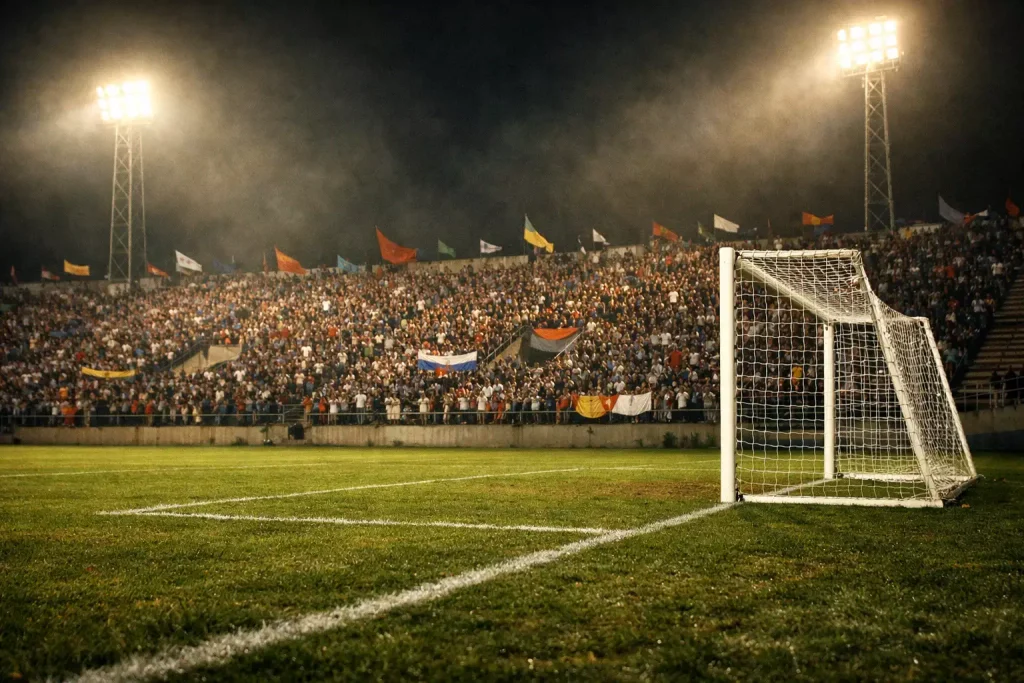 Estadio de fútbol sudamericano de cemento con aficionados apasionados viendo un partido bajo luces artificiales