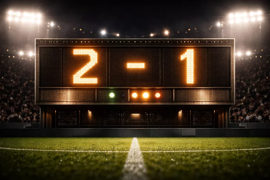 Marcador de un estadio de fútbol iluminado mostrando un resultado ajustado de partido