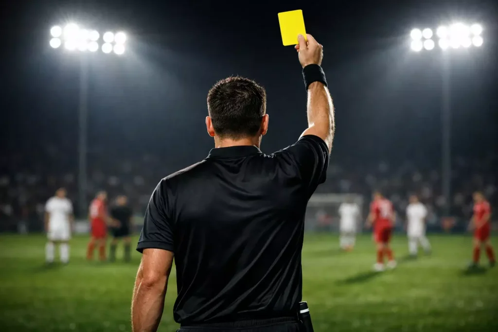 Árbitro de fútbol mostrando una tarjeta amarilla durante un partido nocturno bajo los focos del estadio