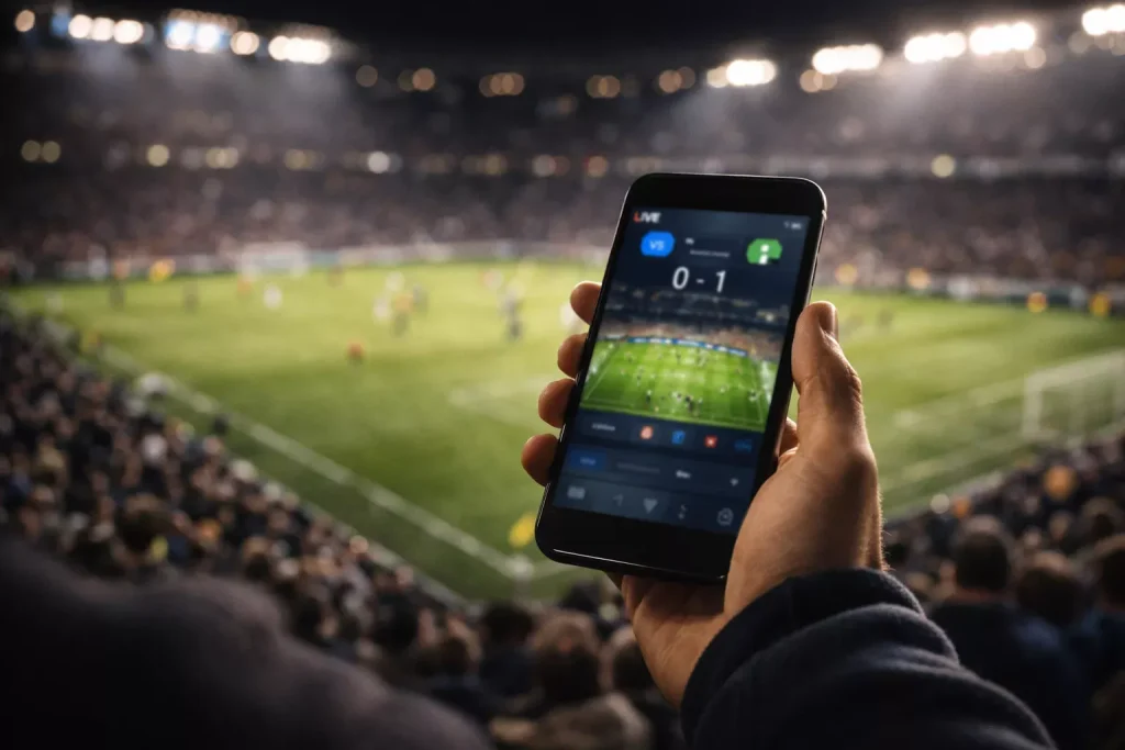 Mano de un aficionado sosteniendo un móvil con un partido de fútbol en el estadio