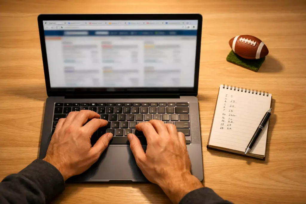 Persona comparando diferentes opciones en una pantalla de ordenador con un cuaderno de apuntes al lado