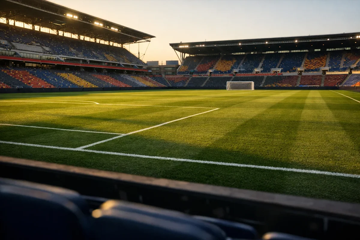 Campo de fútbol profesional con césped impecable visto desde las gradas antes de un partido