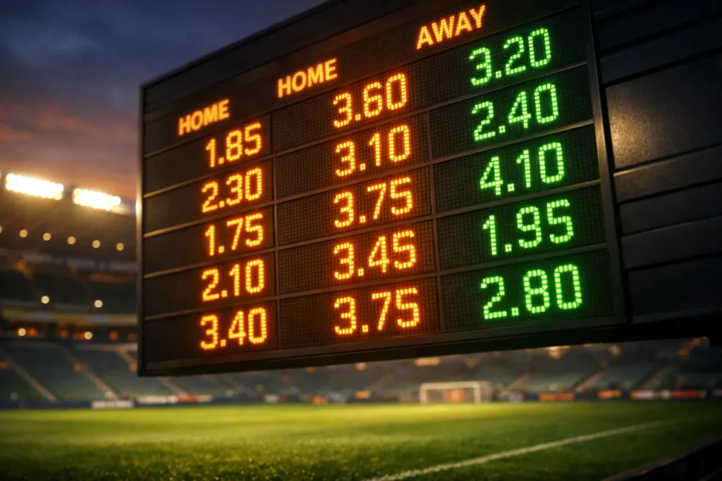 Panel de cuotas de apuestas de fútbol con formato decimal en una pantalla de estadio