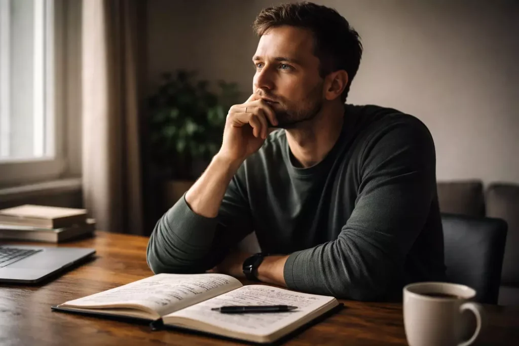 Persona reflexionando con la mano en la barbilla frente a un cuaderno abierto en un escritorio ordenado