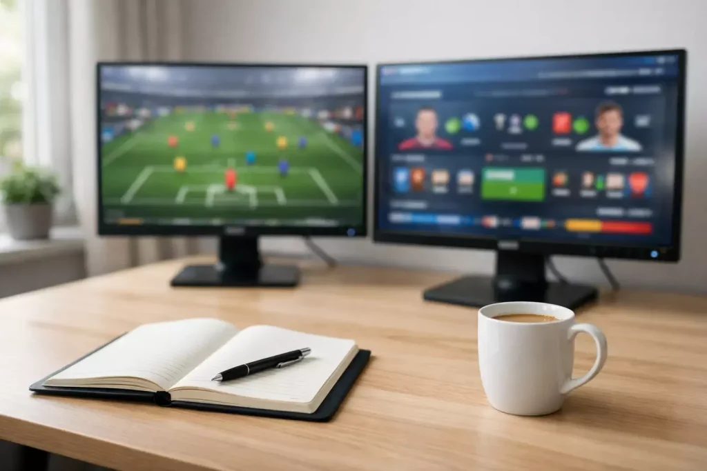 Escritorio con múltiples pantallas mostrando datos deportivos junto a un cuaderno de notas de fútbol