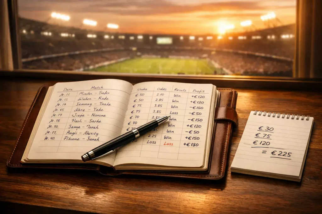 Cuaderno de registro de apuestas abierto sobre un escritorio con un bolígrafo y un estadio al fondo