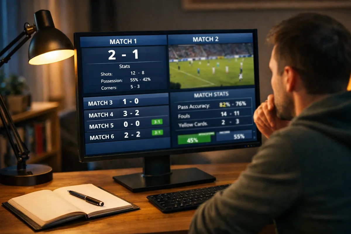 Persona analizando m&uacute;ltiples partidos de f&uacute;tbol en una pantalla con estad&iacute;sticas