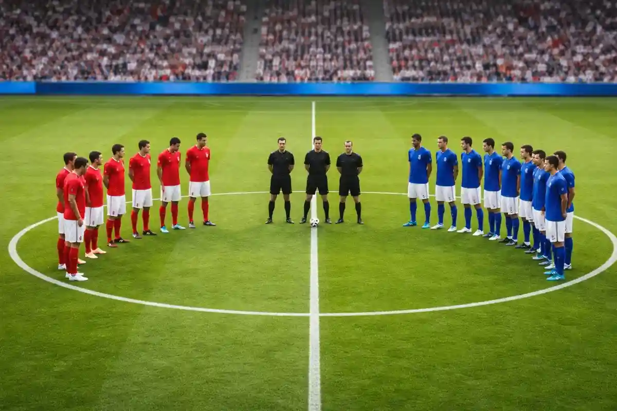 Dos equipos de f&uacute;tbol enfrent&aacute;ndose en el centro del campo antes del partido