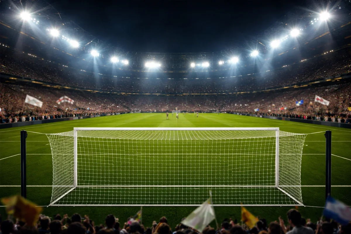 Estadio de fútbol durante un partido nocturno con aficionados en las gradas