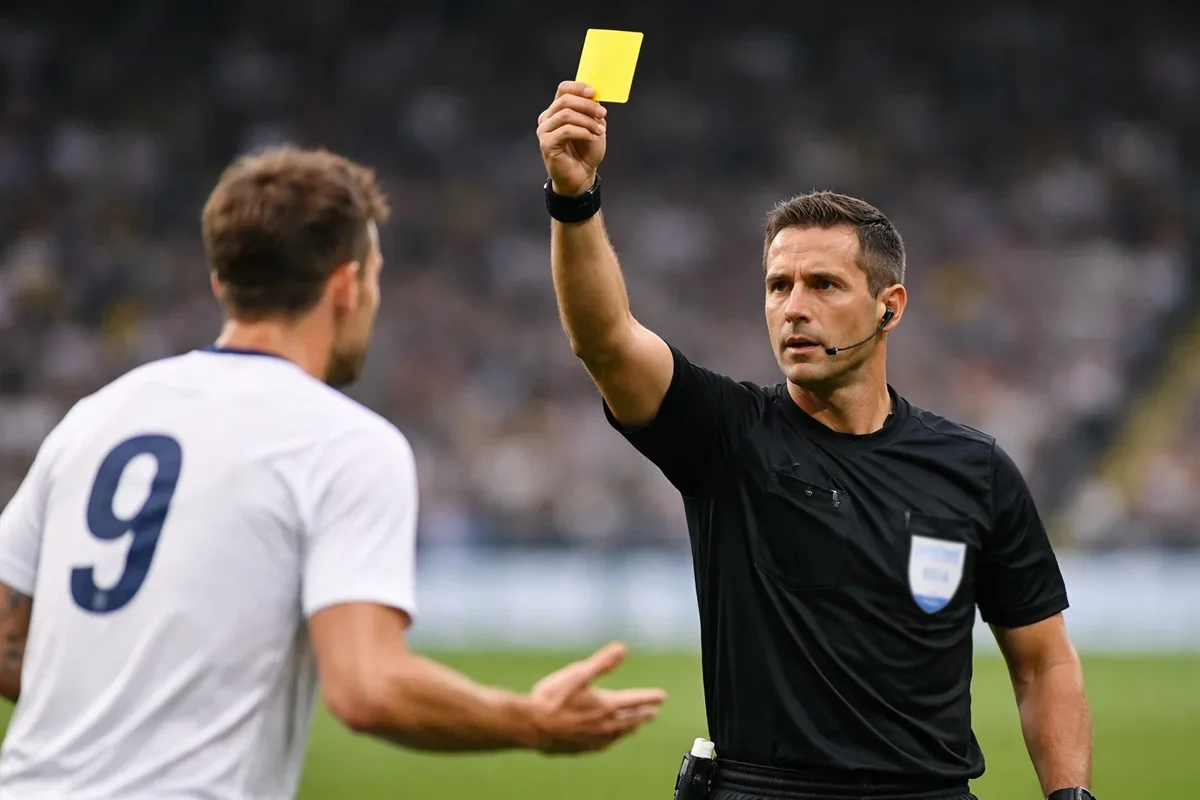 &Aacute;rbitro mostrando tarjeta amarilla a un jugador durante un partido de f&uacute;tbol