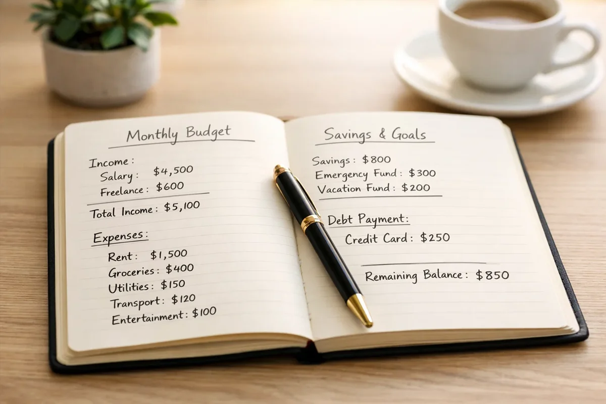 Cuaderno con anotaciones de presupuesto y un bolígrafo sobre escritorio ordenado