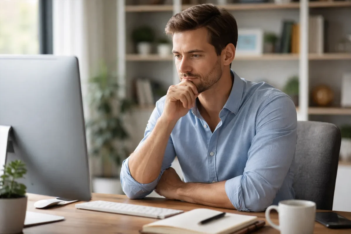 Persona pensativa frente a pantalla con expresión de reflexión y precaución
