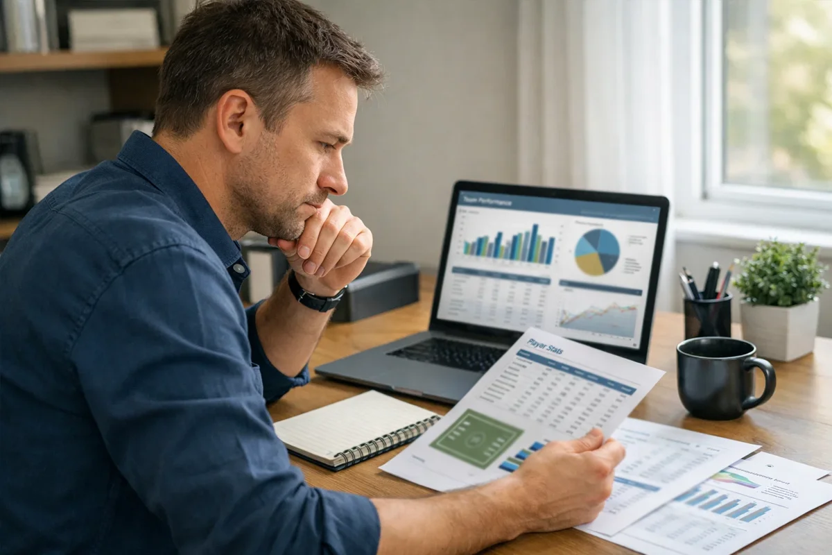 Persona concentrada analizando estadísticas deportivas con notas y documentos