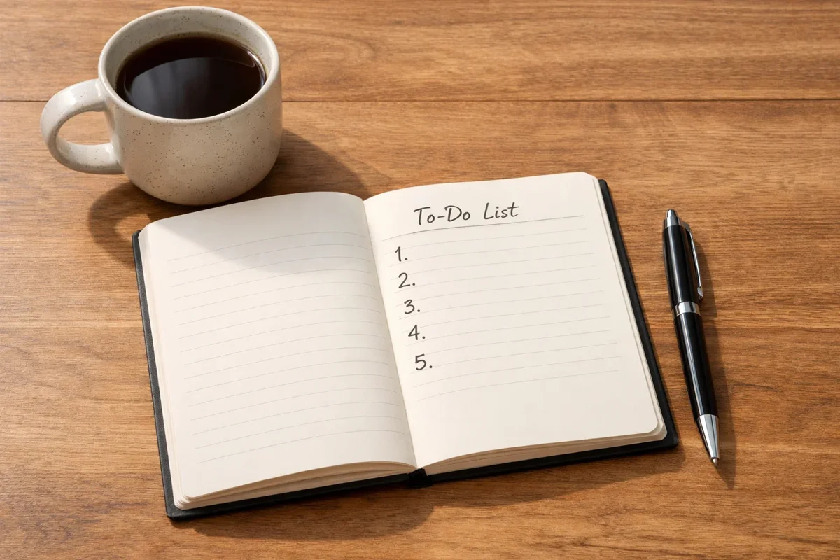 Libreta abierta con lista de pasos y objetivos junto a taza de café