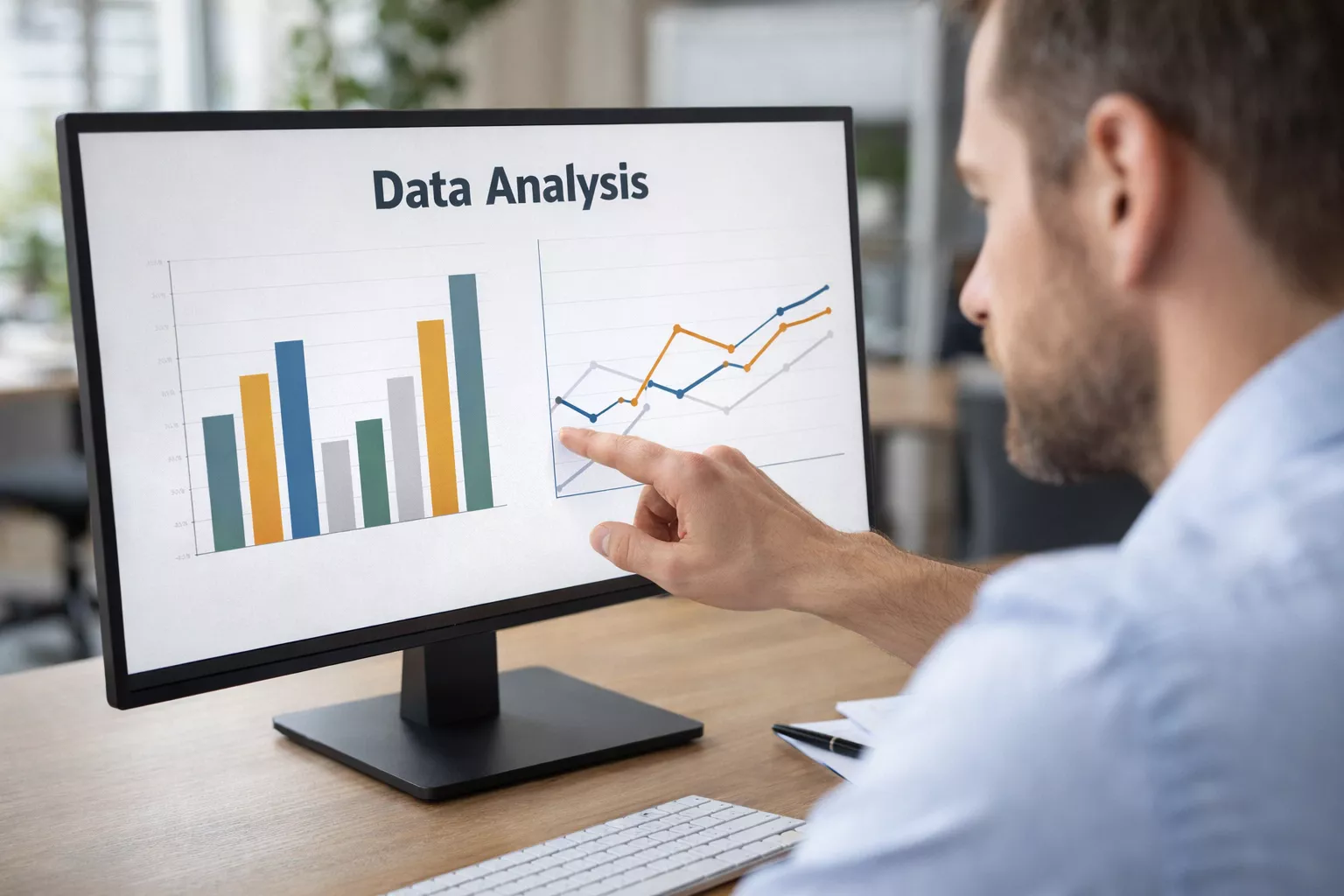 Analista deportivo comparando datos en pantalla de ordenador con gráficos