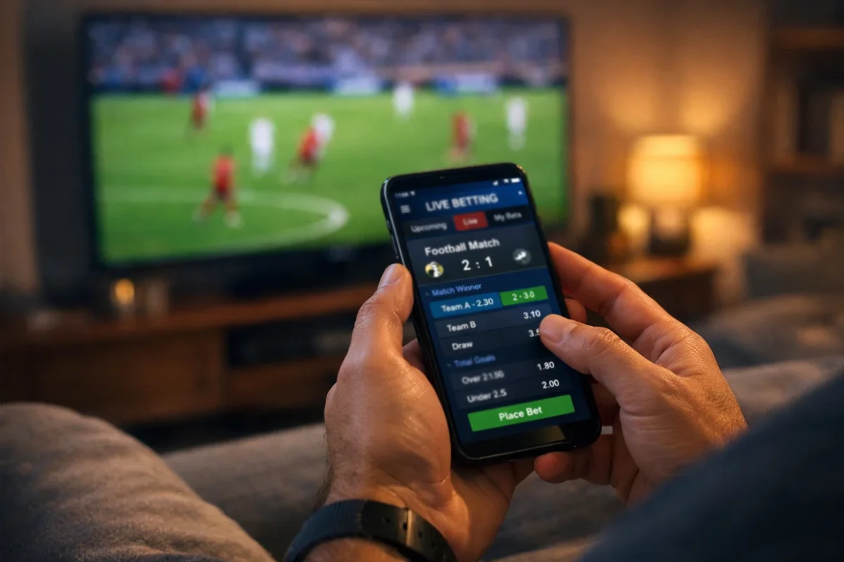 Persona usando smartphone para gestionar apuestas durante un partido de f&uacute;tbol
