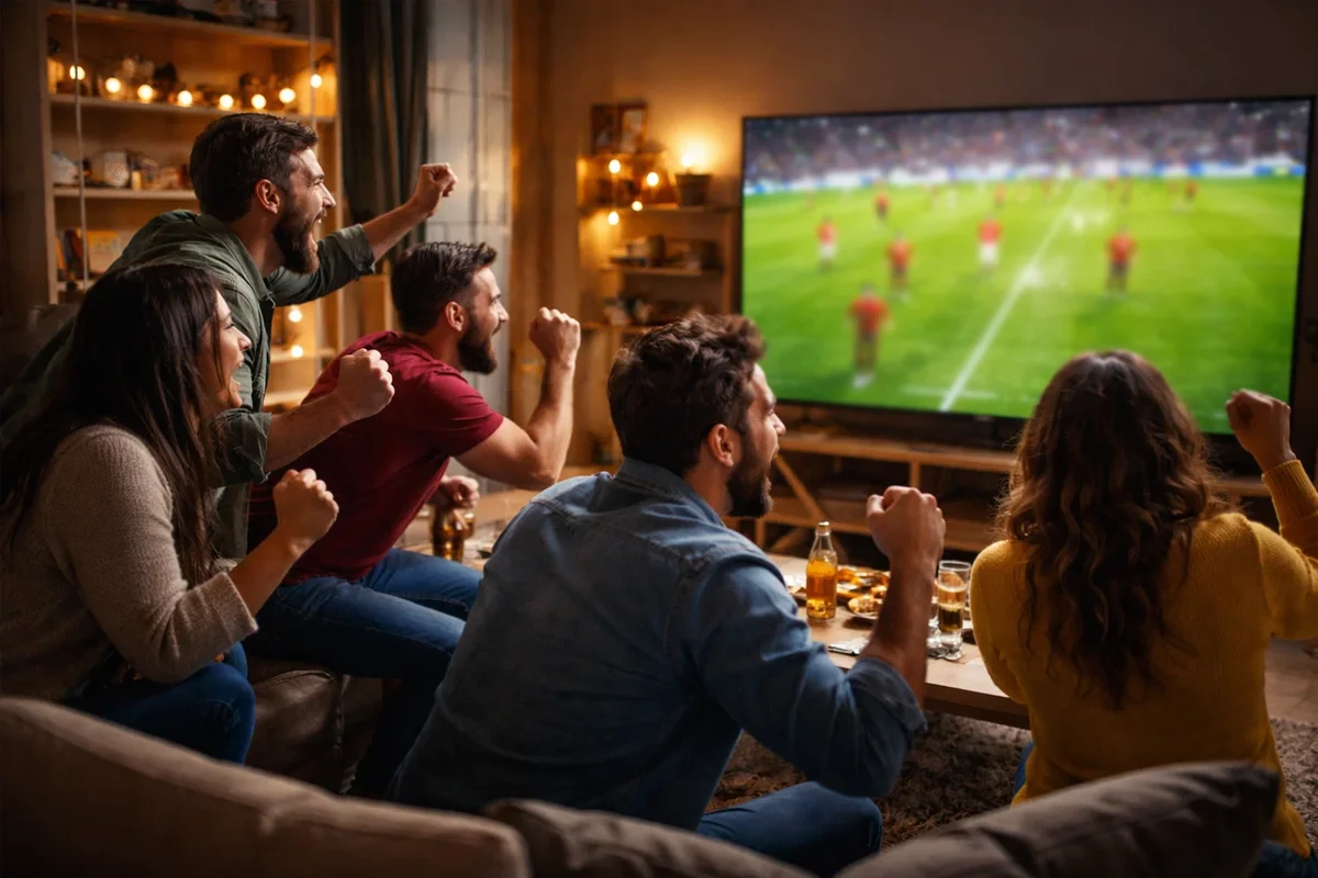 Aficionados viendo un partido de fútbol en vivo en pantalla grande con expresiones de emoción