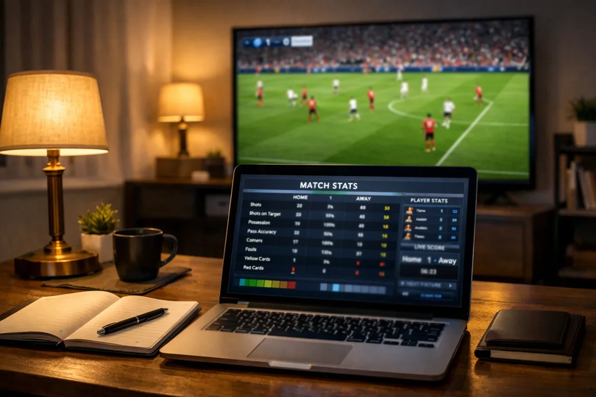 Configuraci&oacute;n con ordenador port&aacute;til y televisor mostrando partido de f&uacute;tbol y estad&iacute;sticas