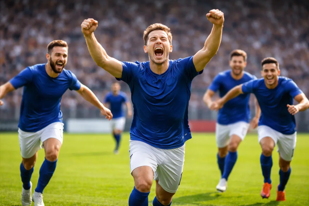 Jugador de f&uacute;tbol celebrando un gol con compa&ntilde;eros de equipo en el campo