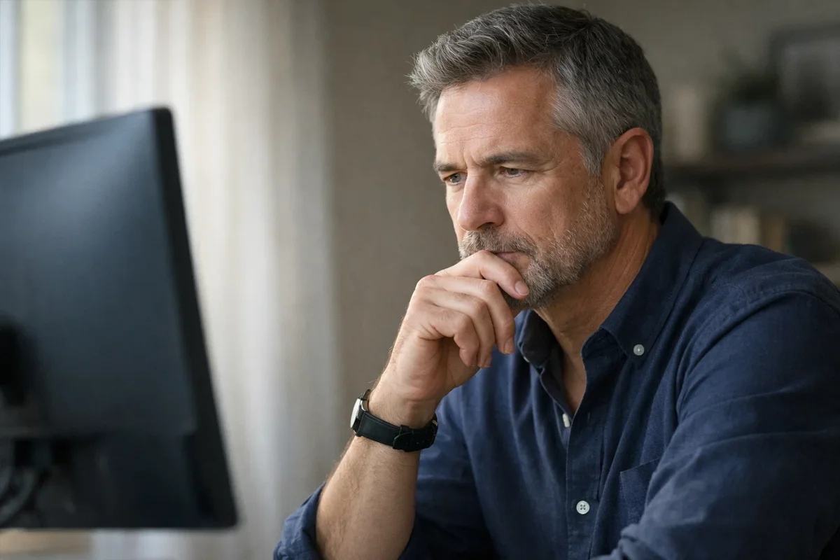 Persona en postura reflexiva frente a pantalla mostrando prudencia y control