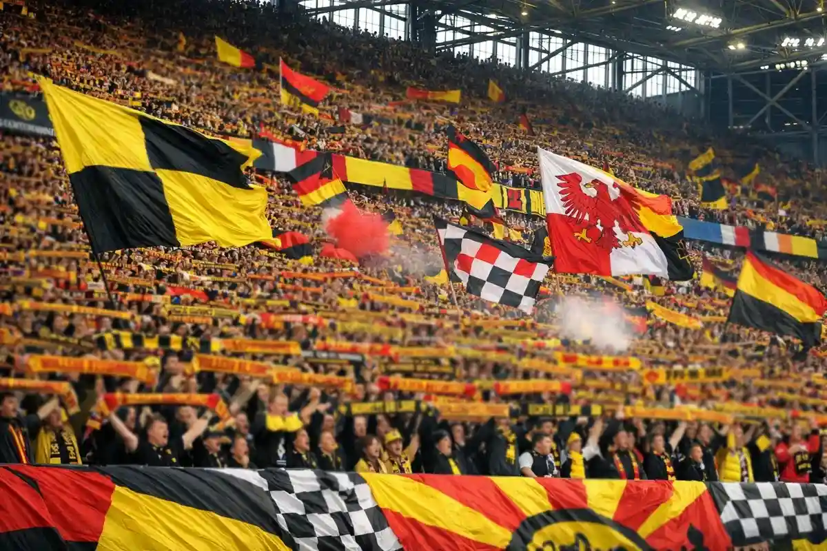Aficionados alemanes animando con banderas en las gradas de un estadio moderno