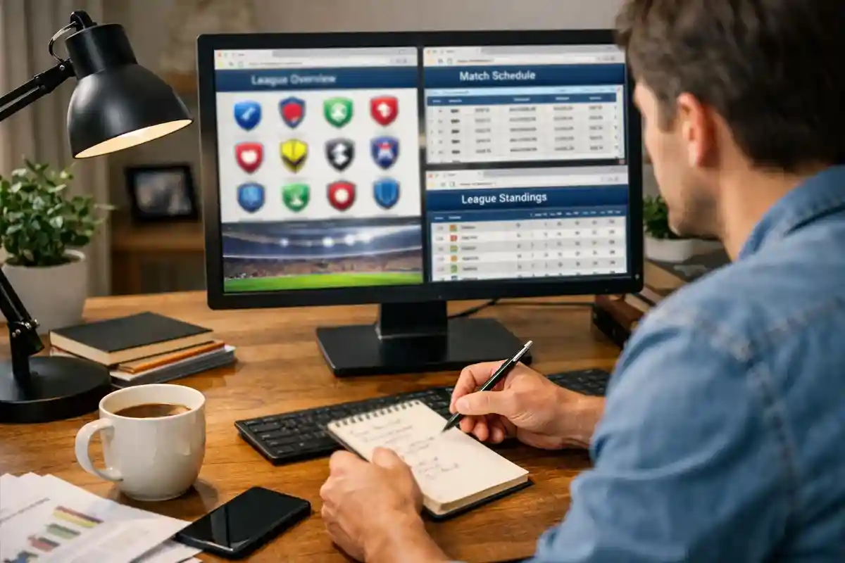 Persona estudiando informaci&oacute;n sobre diferentes ligas de f&uacute;tbol en ordenador