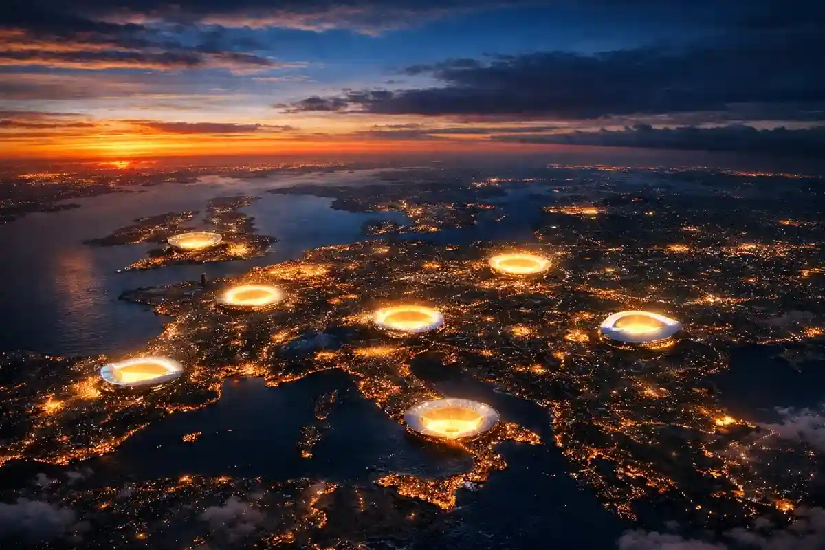 Mapa de Europa con estadios de fútbol iluminados representando las principales ligas