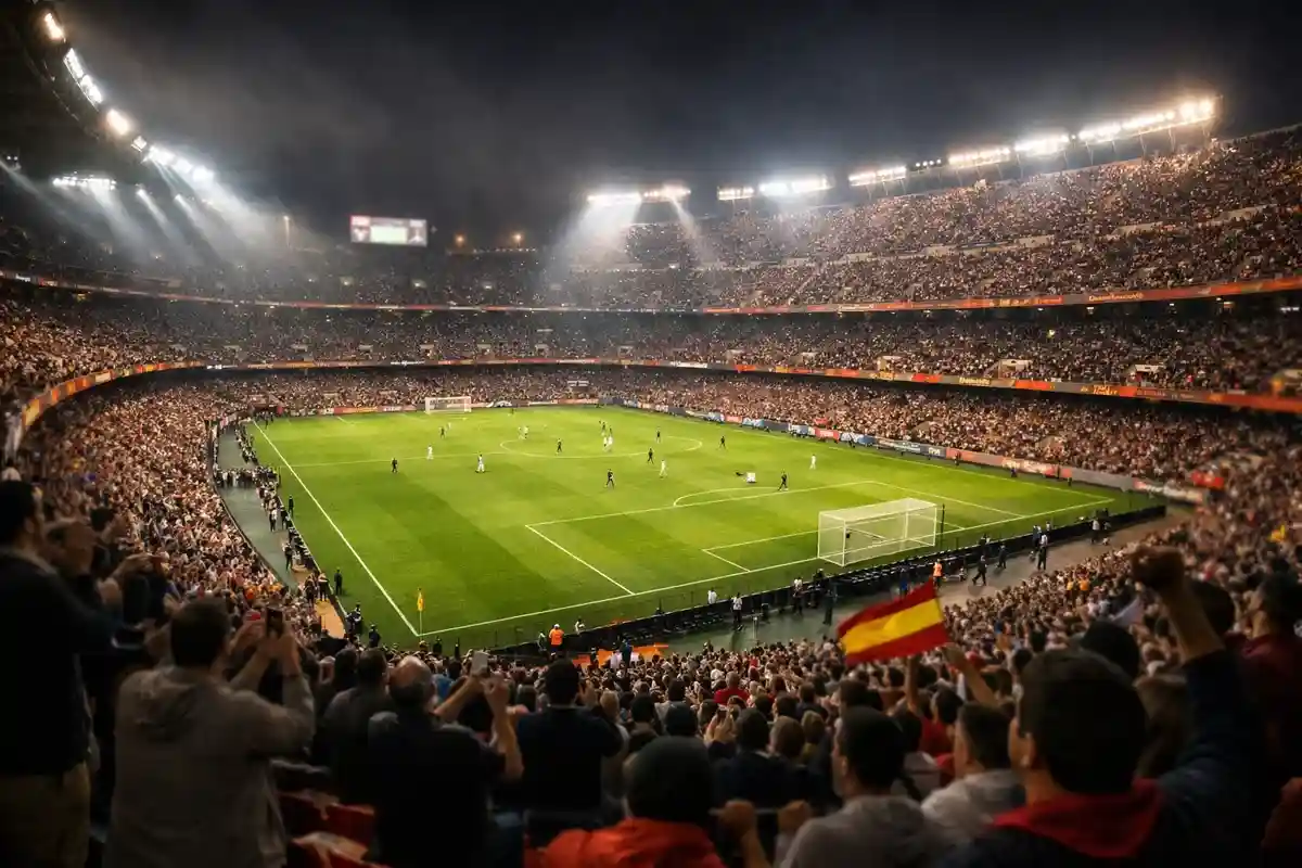 Estadio de f&uacute;tbol espa&ntilde;ol lleno de aficionados durante un partido nocturno