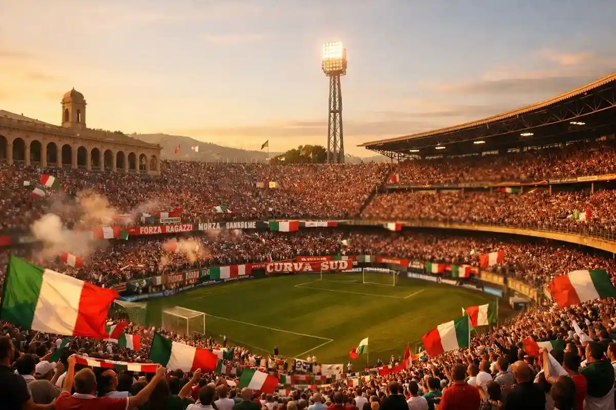 Vista panor&aacute;mica de estadio italiano hist&oacute;rico durante un partido de f&uacute;tbol