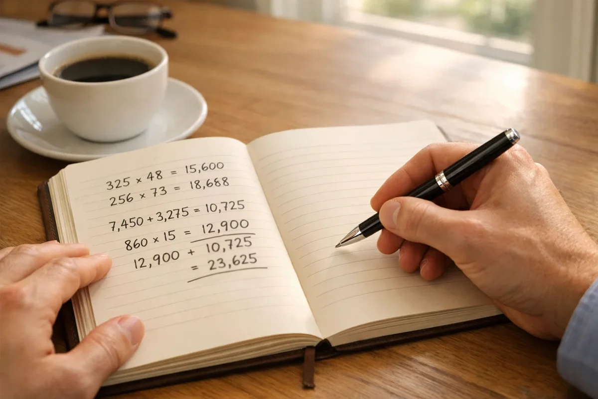 Persona anotando c&aacute;lculos de apuestas en un cuaderno con bol&iacute;grafo