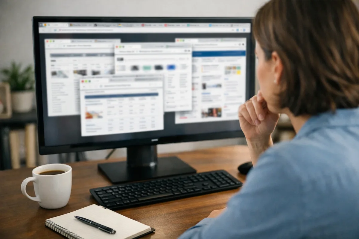 Persona comparando informaci&oacute;n en m&uacute;ltiples pesta&ntilde;as del navegador en ordenador