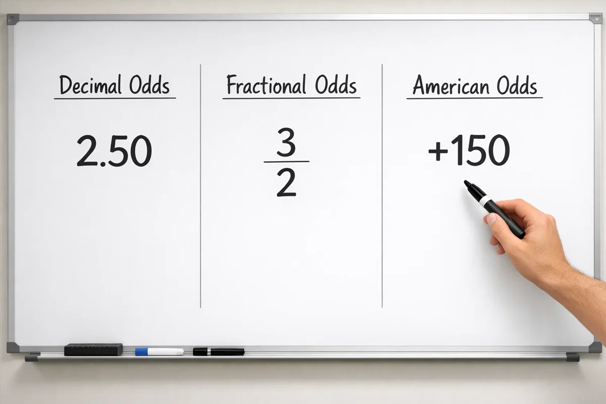 Tres formatos de cuotas deportivas representados en una pizarra o pantalla digital