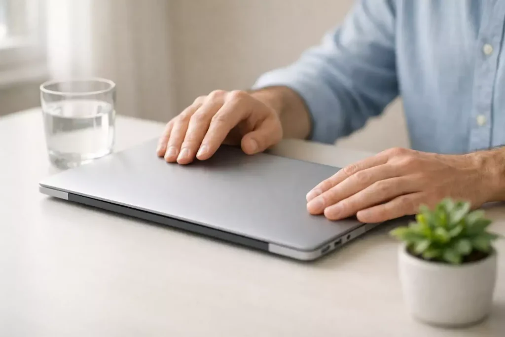 Manos de una persona cerrando un portátil con gesto decidido en un escritorio limpio y ordenado