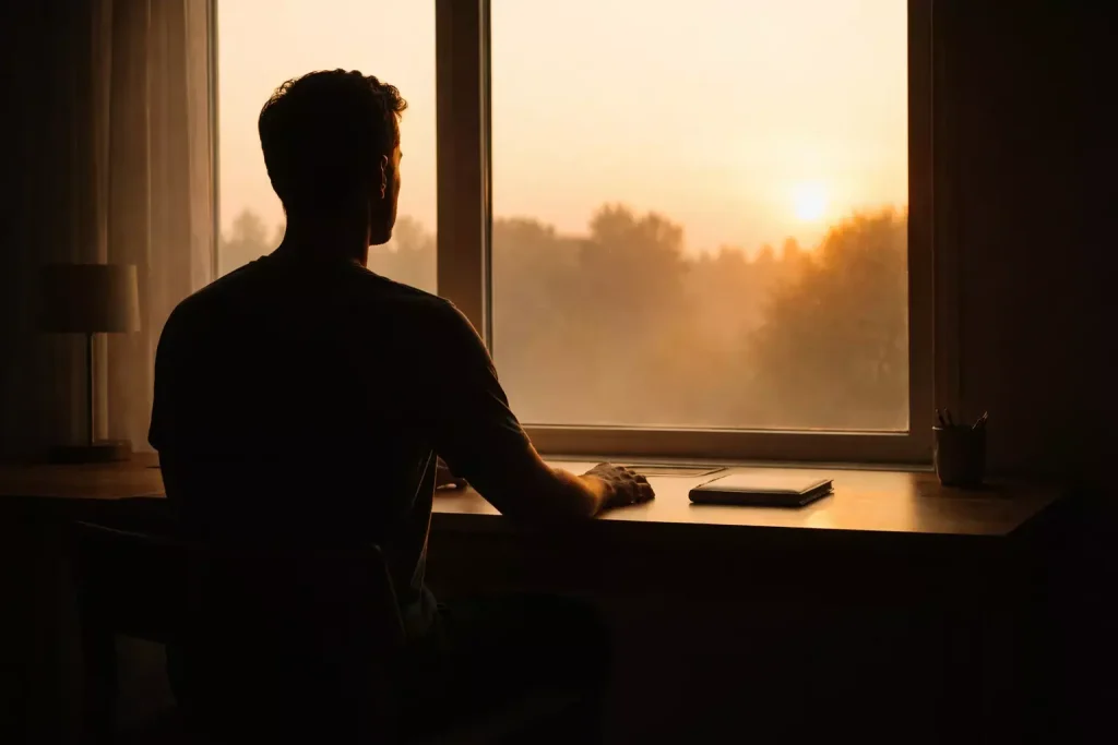 Silueta de una persona meditando en calma frente a una ventana con luz suave al amanecer