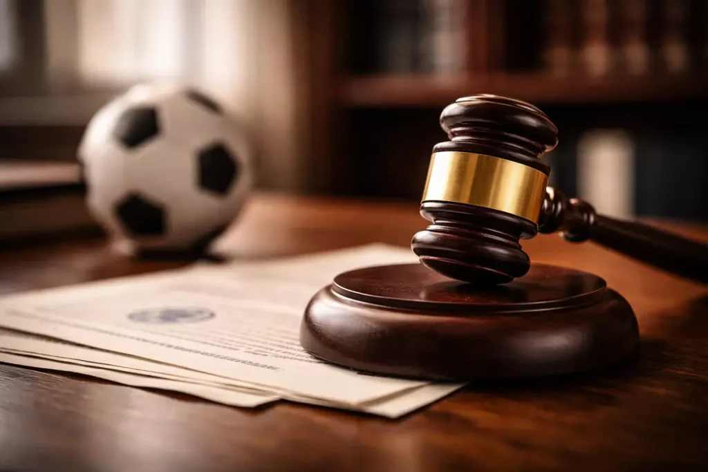 Mazo de juez sobre un escritorio con documentos oficiales y un balón de fútbol al fondo desenfocado