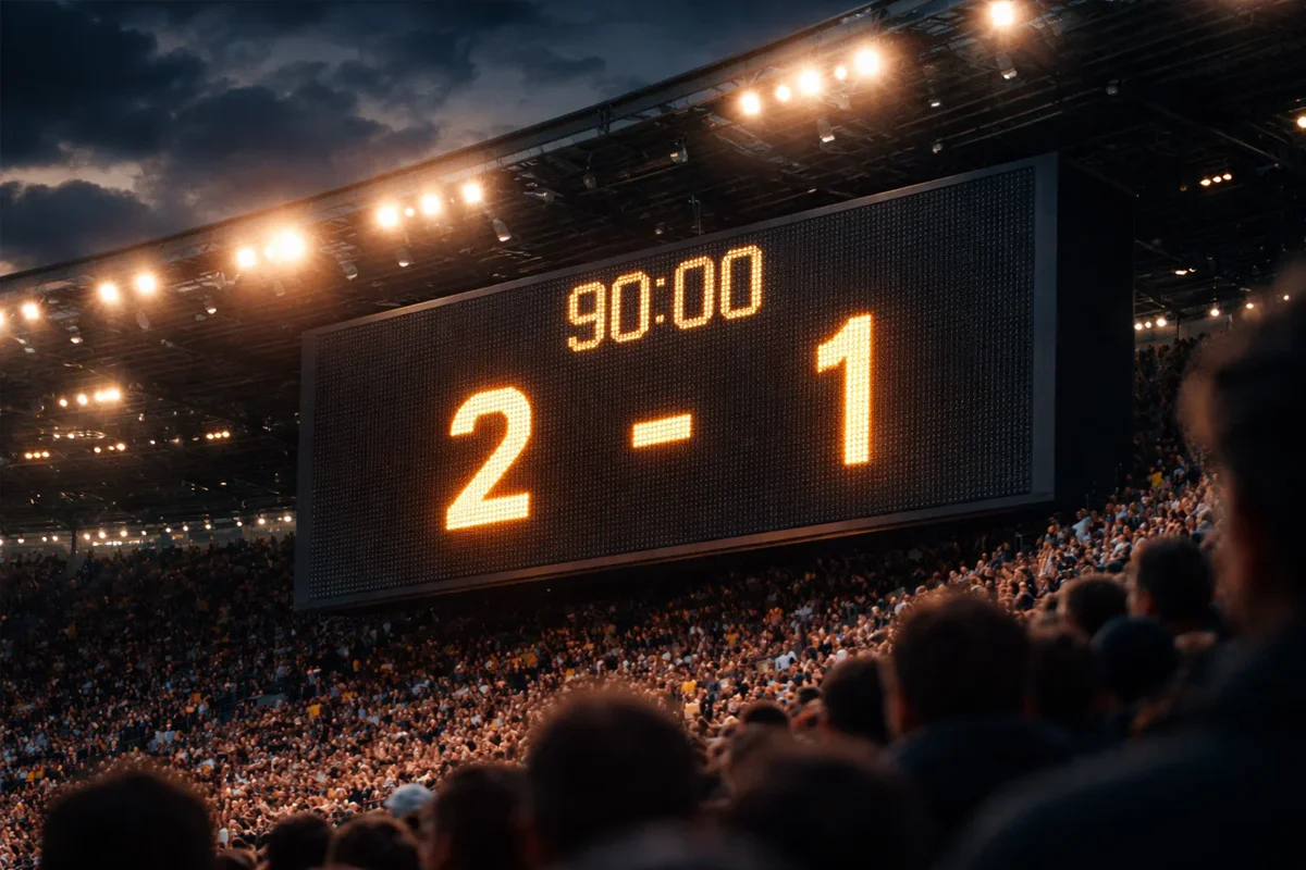 Marcador electrónico de un estadio de fútbol mostrando el resultado de un partido